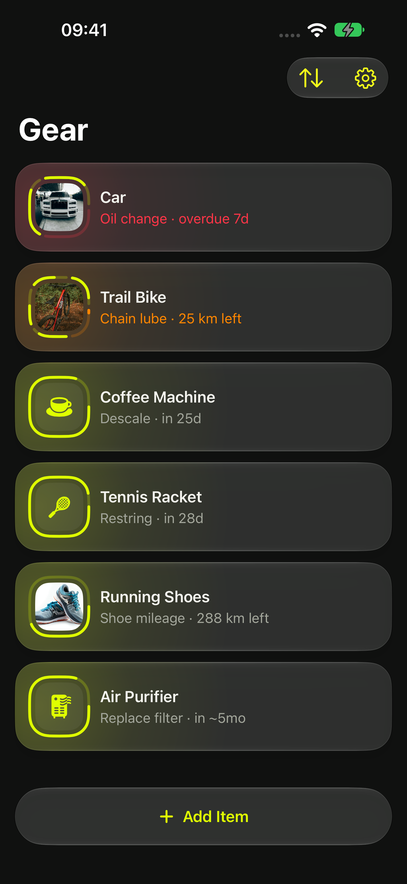 Six Gear items: car, trail bike, coffee machine, tennis racket, running shoes and air purifier