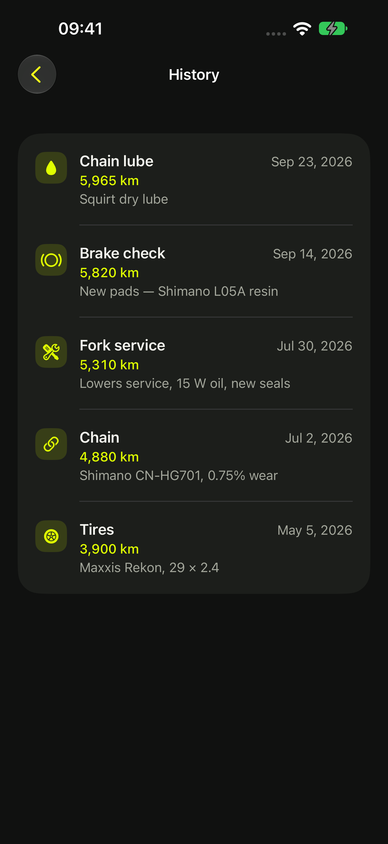 Trail Bike service history with dates, mileage and notes